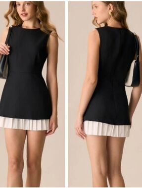 Rihoas Mini Dress Sleeveless Black with White Pleated Hem Satiny Size M